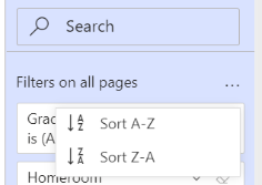 Filter menu showing the Search field and Sort drop-down.